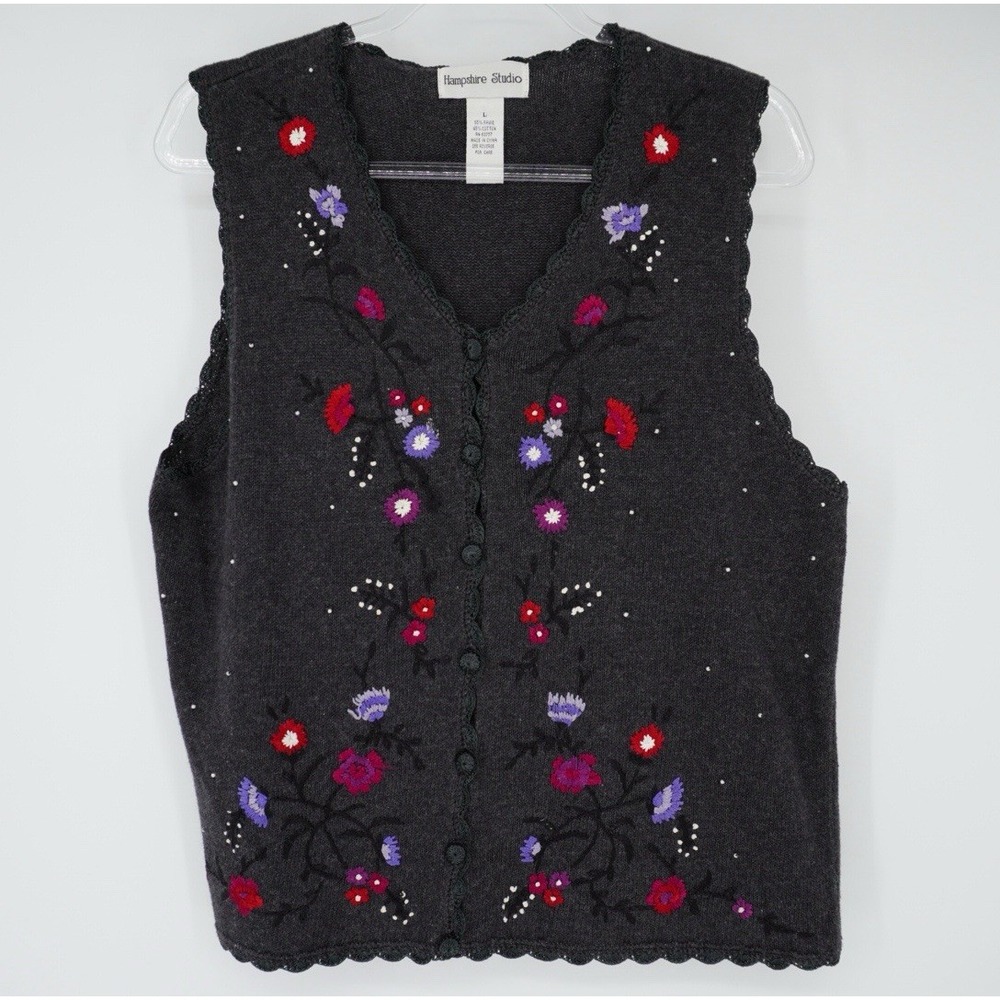 Vintage Floral Embroidered Sweater Vest Boho Knit Dark Cottagecore Grandma Large